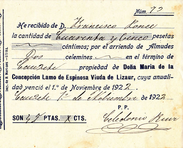 Recibo de arriendos, 1922