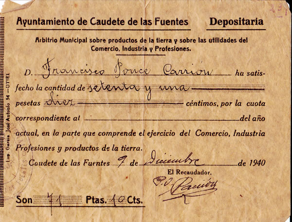 Arbitrio Municipal sobre productos de la tierra, año 1940