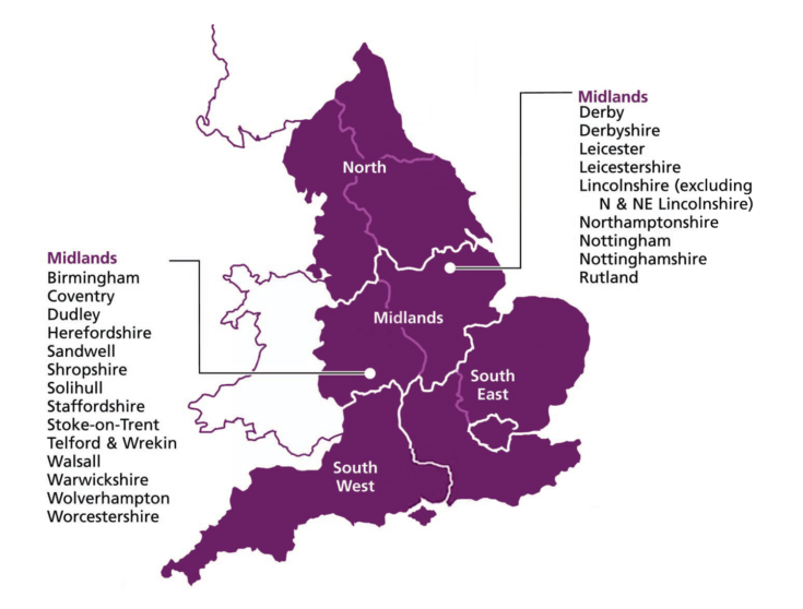 Arts Council England's Midlands area boundaries.