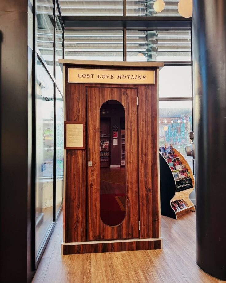 Lost Love Hotline phone booth installation at Phoenix, Leicester, Nov 2025.