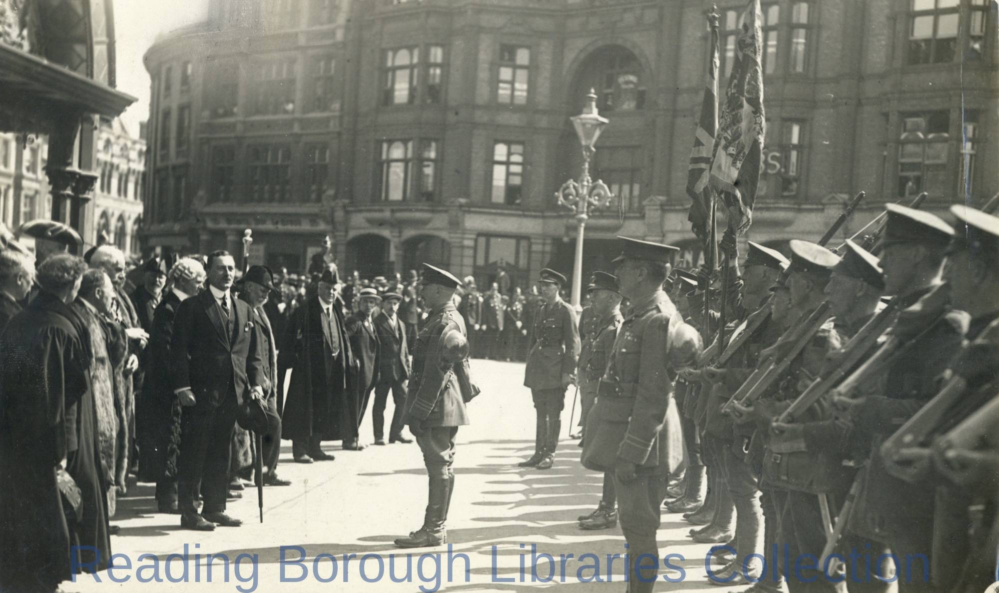 The Return of the 2nd Battalion Royal Berkshire Regiment on 17 May 1919. The men are being addressed by Colonel Leslie Wilson M.P. outside Reading Town Hall. The Return of the 2nd Battalion Royal Berkshire Regiment on 17 May 1919. The men are being addressed by Colonel Leslie Wilson M.P. outside Reading Town Hall.