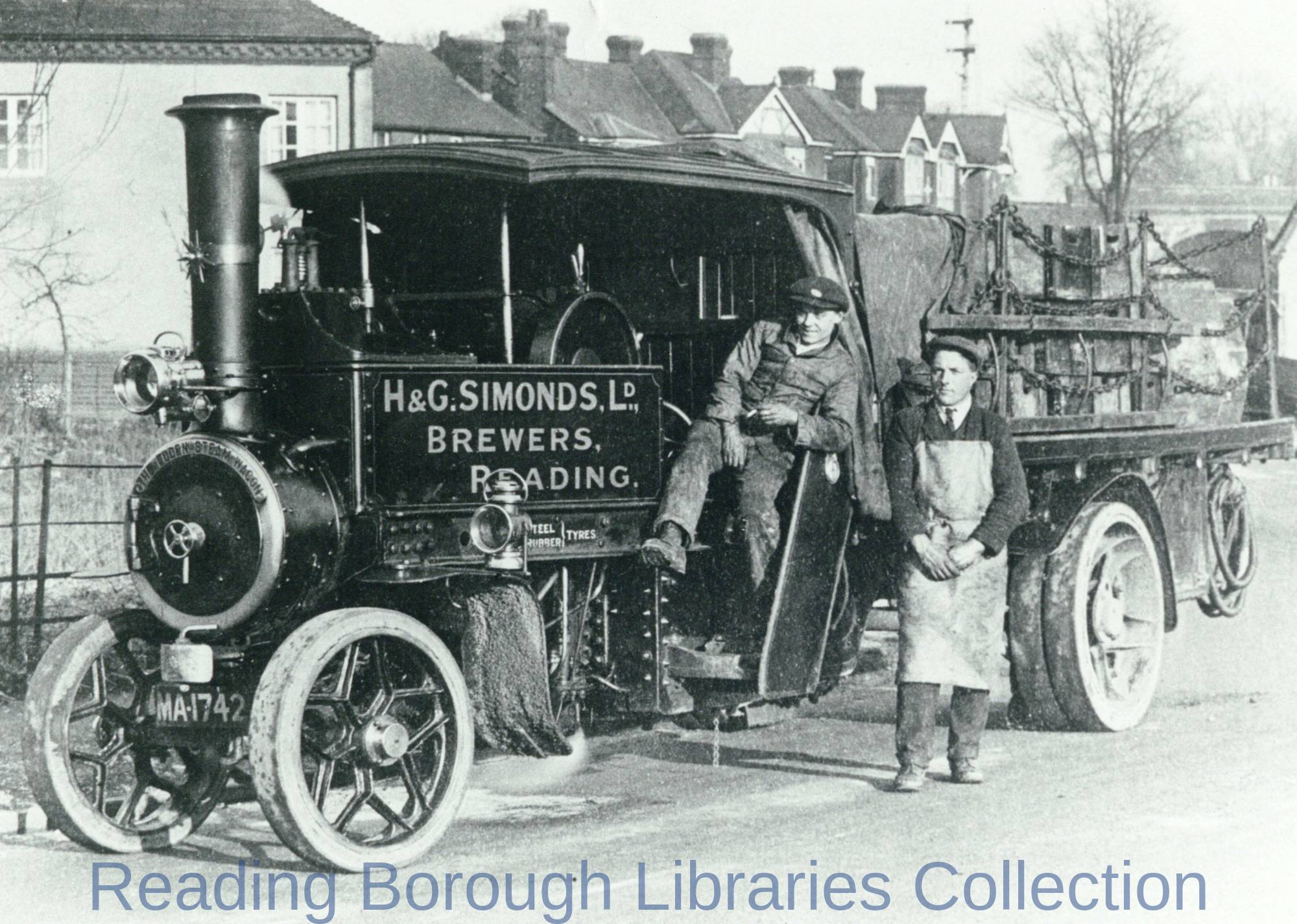 Steam Lorry of H. and G. Simonds Ltd., Brewers, with Driver and Drayman, Reading, 1910-1919. Steam Lorry of H. and G. Simonds Ltd., Brewers, with Driver and Drayman, Reading, 1910-1919.
