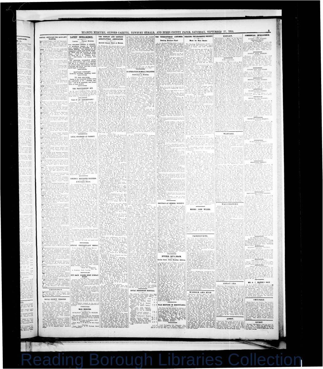 Reading Mercury Oxford Gazette Saturday September 27, 1919. Pg 5 Reading Mercury Oxford Gazette Saturday September 27, 1919. Pg 5
