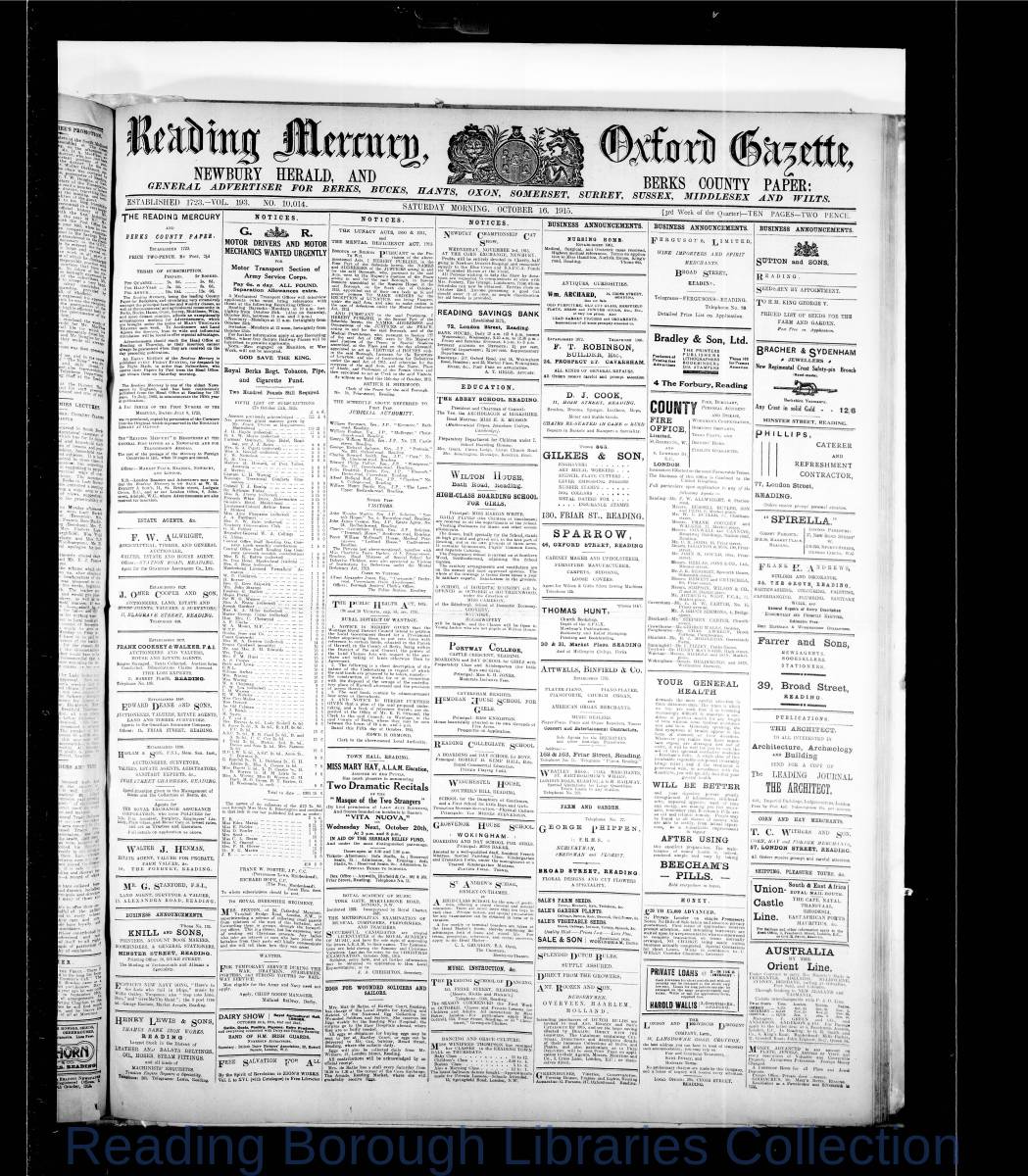 Reading Mercury Oxford Gazette Saturday, October 16, 1915. Pg 1 Reading Mercury Oxford Gazette Saturday, October 16, 1915. Pg 1