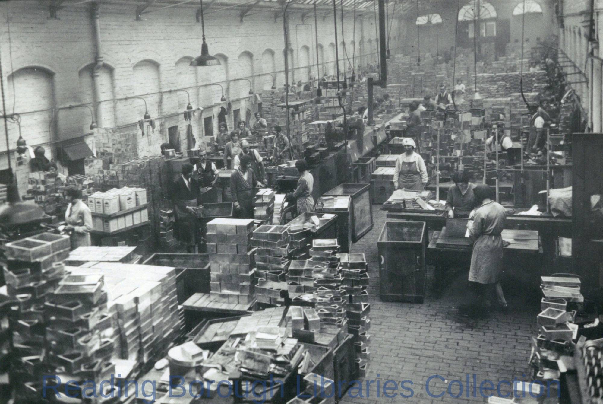 Interior of the Tinplate Factory of Huntley, Boorne and Stevens, at London Street, Reading, c. 1930 Interior of the Tinplate Factory of Huntley, Boorne and Stevens, at London Street, Reading, c. 1930