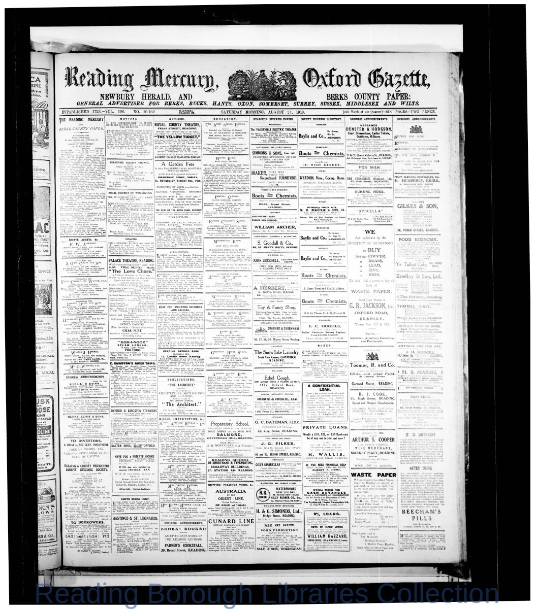 Reading Mercury Oxford Gazette Saturday August 24, 1918. Pg 1 Reading Mercury Oxford Gazette Saturday August 24, 1918. Pg 1