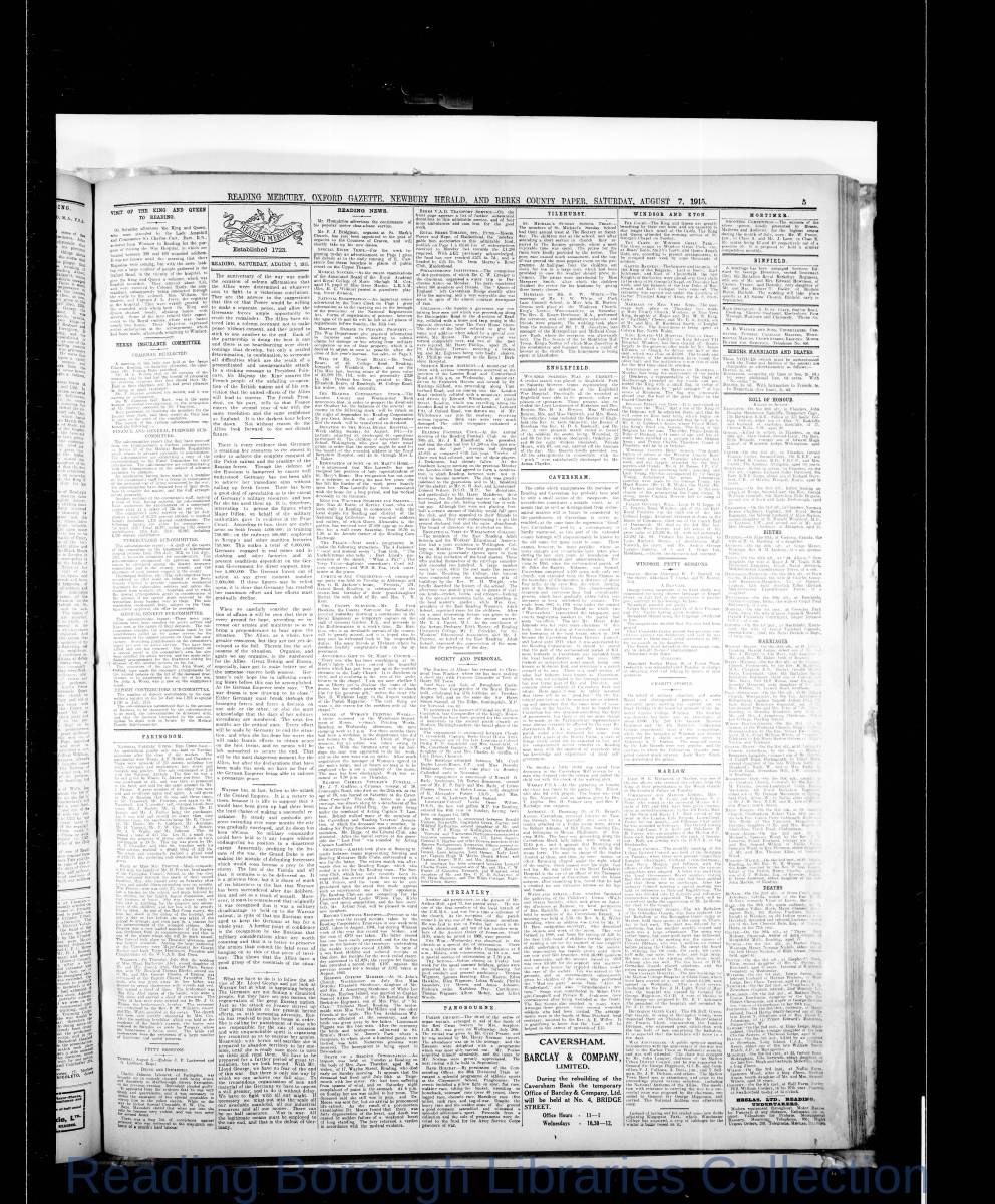Reading Mercury Oxford Gazette Saturday August 7, 1915. Pg 5 Reading Mercury Oxford Gazette Saturday August 7, 1915. Pg 5