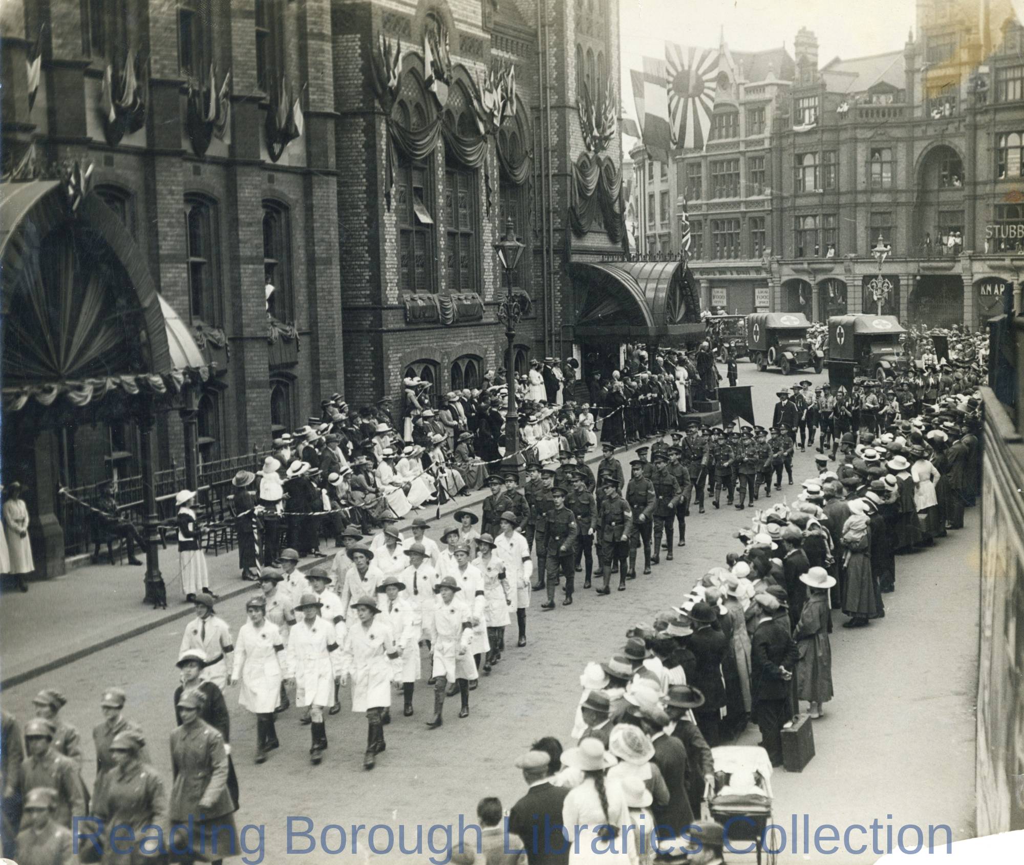 The Grand March Past passing the Town Hall, Peace celebrations in Reading, 1919. The Grand March Past passing the Town Hall, Peace celebrations in Reading, 1919.