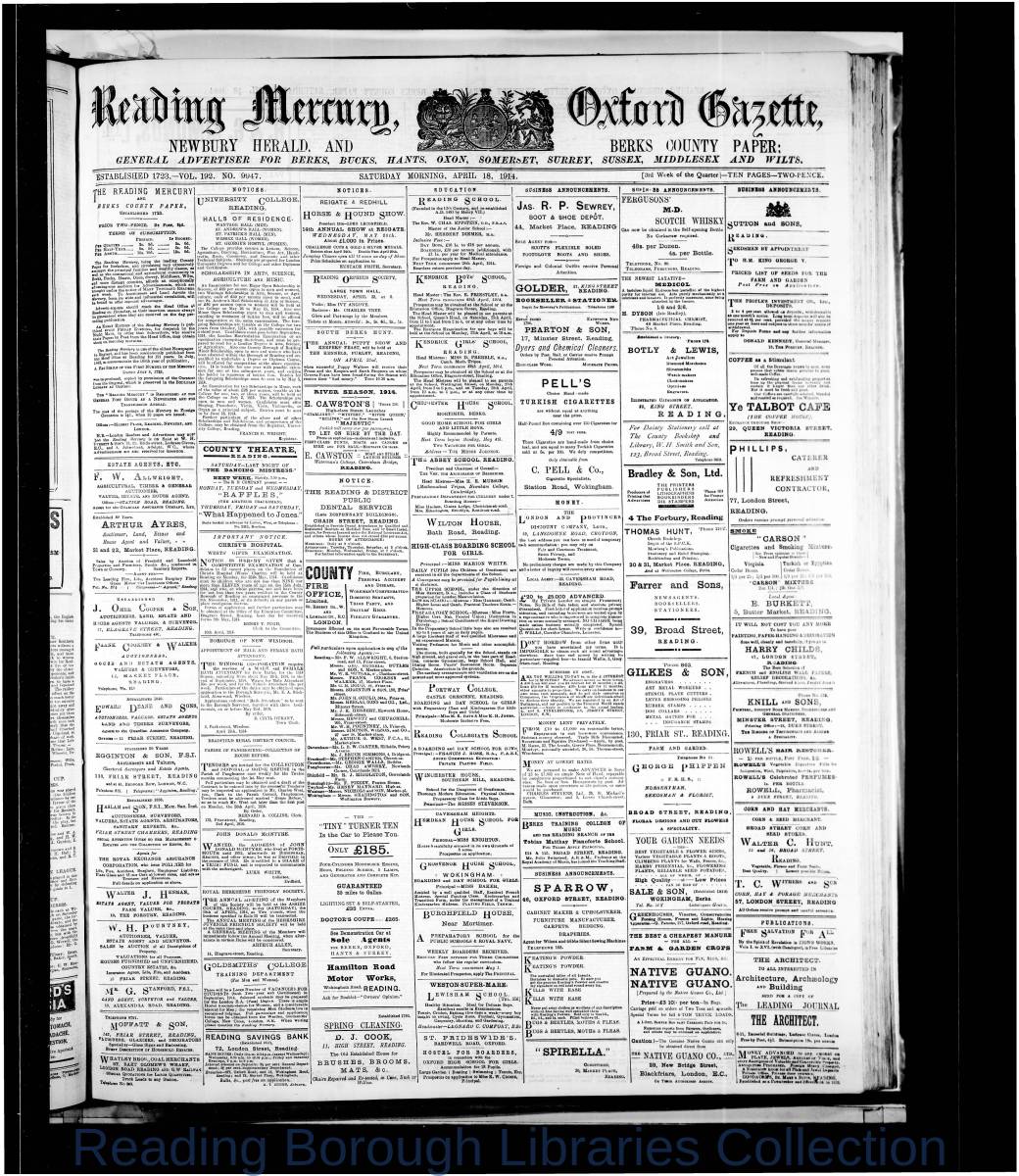 Reading Mercury Oxford Gazett Saturday, April 18, 1914. Pg 1 Reading Mercury Oxford Gazett Saturday, April 18, 1914. Pg 1