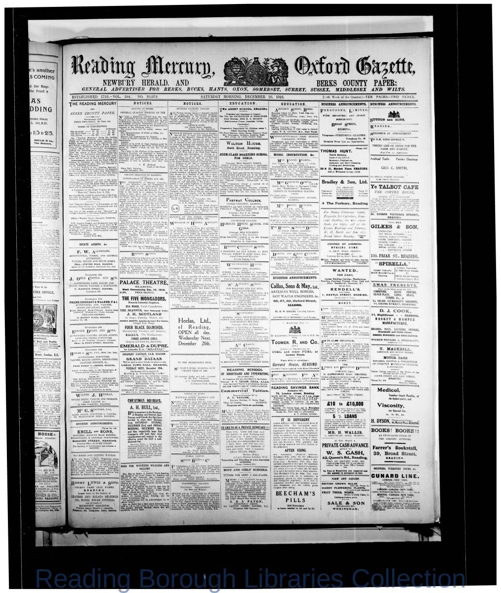 Reading Mercury Oxford Gazette Saturday, December 16, 1916. Pg 1 Reading Mercury Oxford Gazette Saturday, December 16, 1916. Pg 1