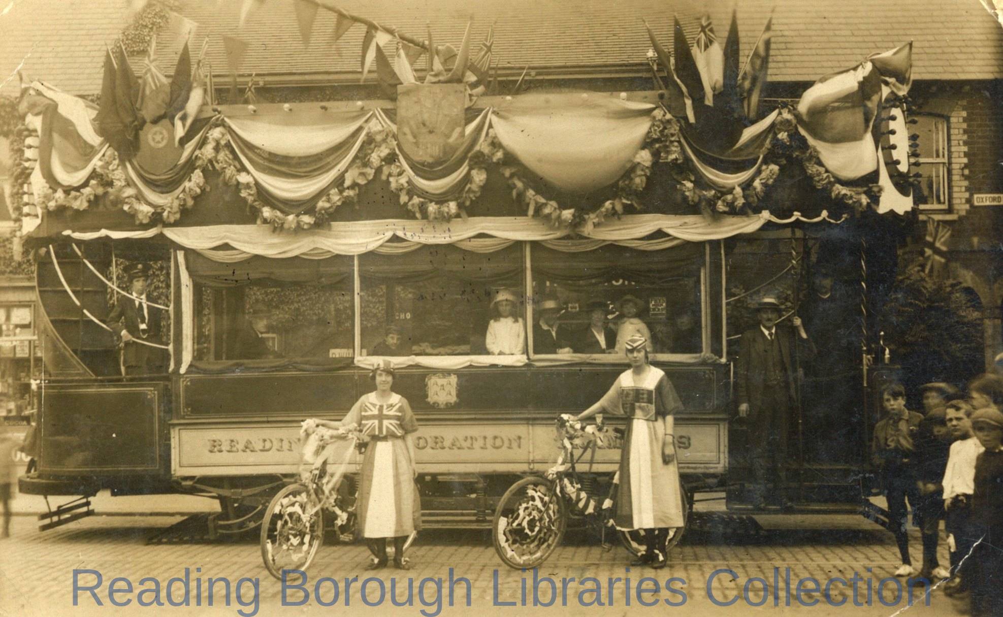 Tramcar decorated to celebrate the peace at the end of the First World War, 1919 Tramcar decorated to celebrate the peace at the end of the First World War, 1919