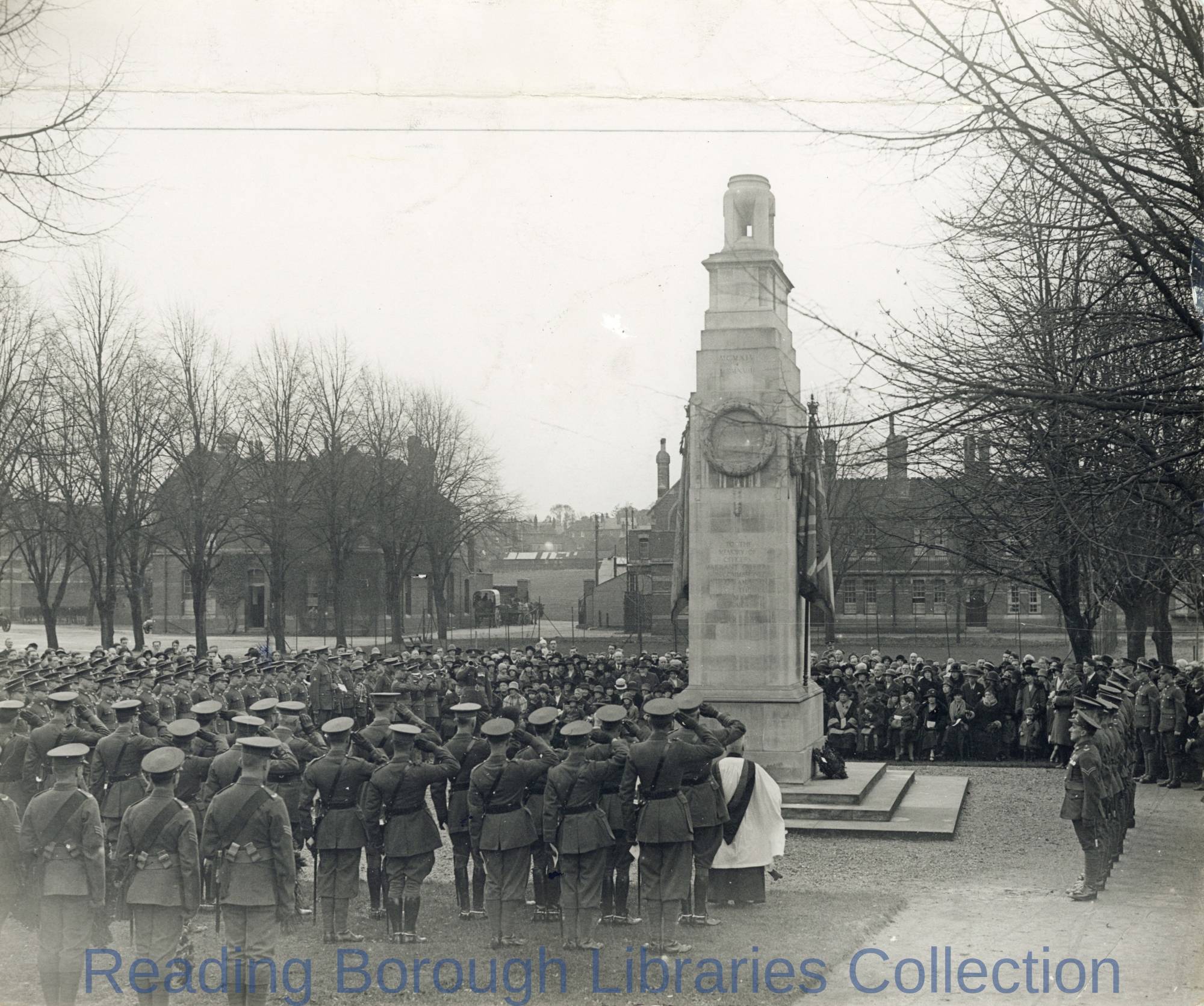 Service to mark the anniversary of the Armistice, at the cenotaph at Brock Barracks, Oxford Road, Reading, 11 November 1927. Service to mark the anniversary of the Armistice, at the cenotaph at Brock Barracks, Oxford Road, Reading, 11 November 1927.