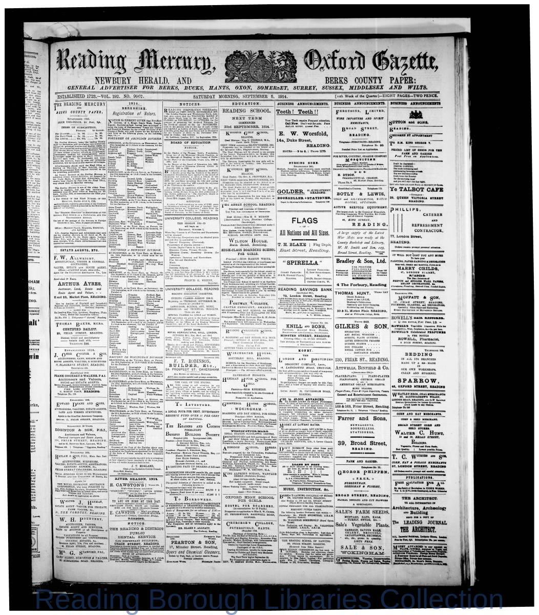 Reading Mercury Oxford Gazett Saturday, September 5, 1914. Pg 1 Reading Mercury Oxford Gazett Saturday, September 5, 1914. Pg 1