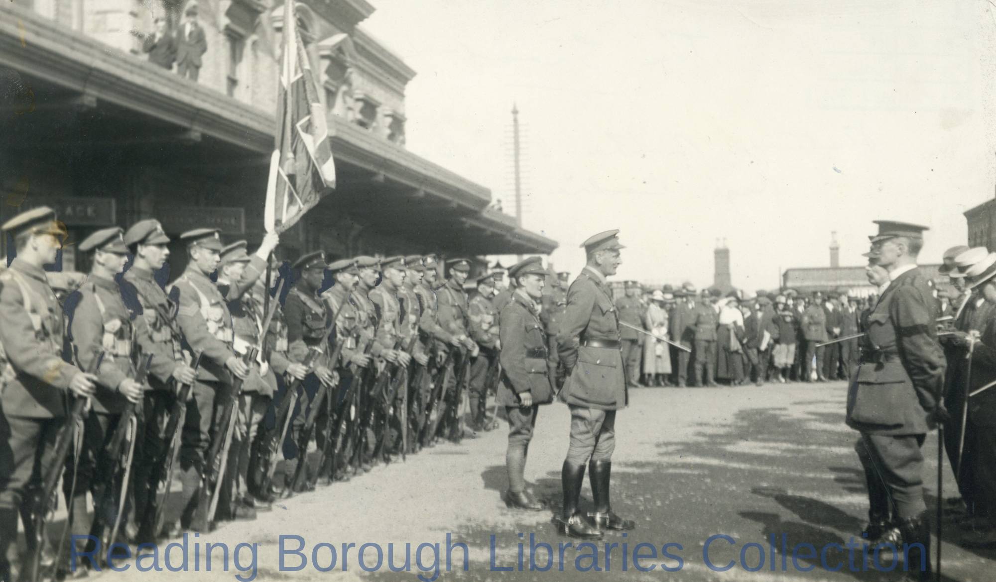 The Return of the 5th Battalion Royal Berkshire Regiment on 18 June 1919. The men are commanded by Colonel Goodland and are being addressed by Colonel Foley. The Return of the 5th Battalion Royal Berkshire Regiment on 18 June 1919. The men are commanded by Colonel Goodland and are being addressed by Colonel Foley.