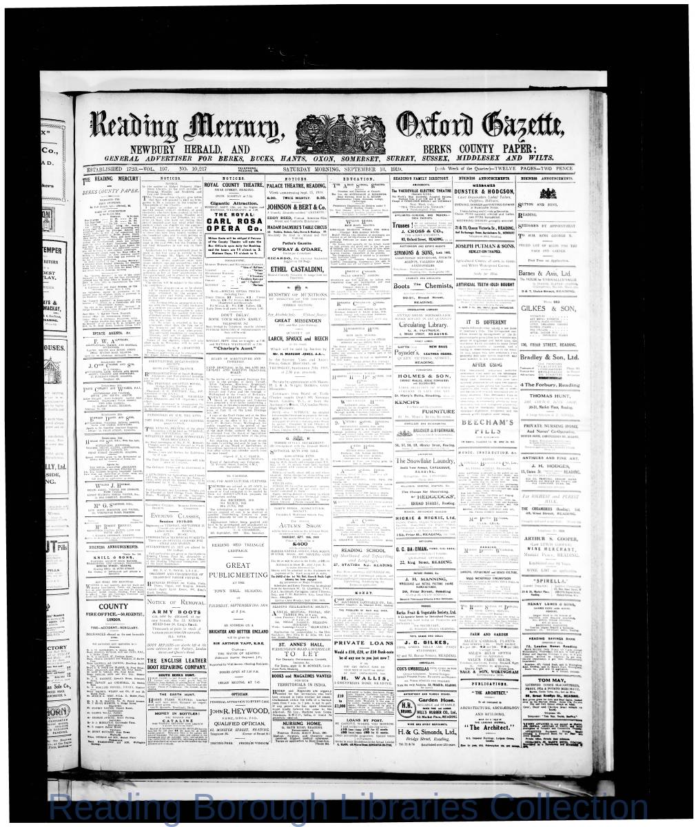 Reading Mercury Oxford Gazette Saturday, September 13, 1919. Pg 1 Reading Mercury Oxford Gazette Saturday, September 13, 1919. Pg 1