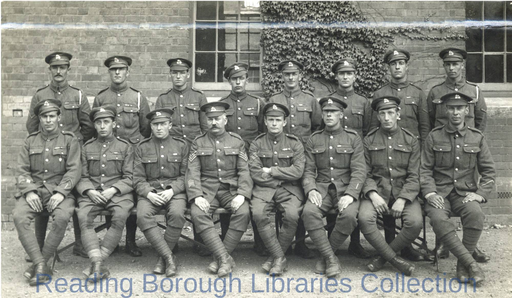 The Return of the 5th Battalion Royal Berkshire Regiment 18 June 1919. The 16 men who served all through the war are photographed at Brock Barracks. The Return of the 5th Battalion Royal Berkshire Regiment 18 June 1919. The 16 men who served all through the war are photographed at Brock Barracks.