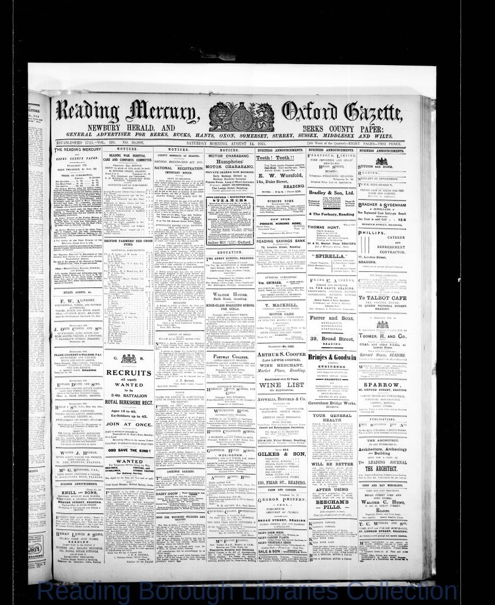 Reading Mercury Oxford Gazette Saturday , August 14, 1915. Pg 1 Reading Mercury Oxford Gazette Saturday , August 14, 1915. Pg 1