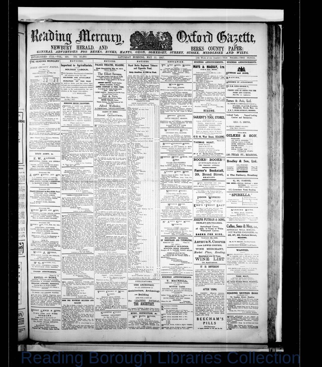 Reading Mercury Oxford Gazette Saturday, May 12, 1917. Pg 1 Reading Mercury Oxford Gazette Saturday, May 12, 1917. Pg 1