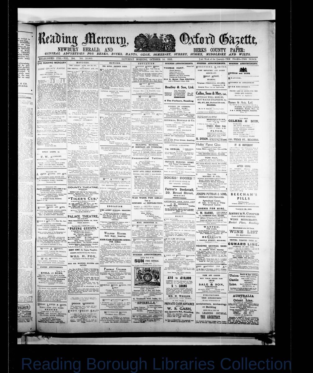Reading Mercury Oxford Gazette Saturday , October 14, 1916. Pg 1 Reading Mercury Oxford Gazette Saturday , October 14, 1916. Pg 1
