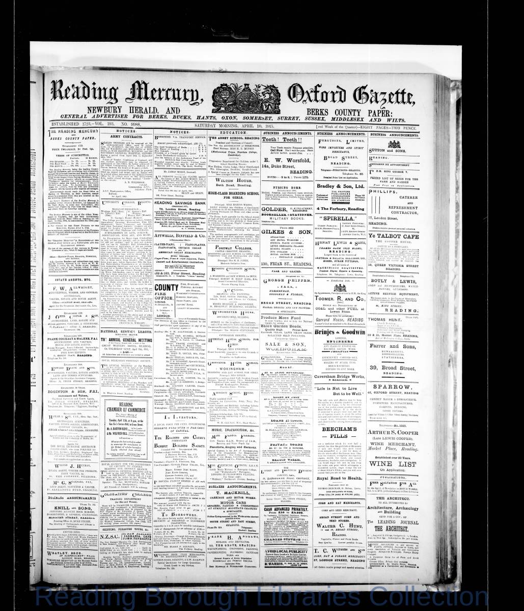 Reading Mercury Oxford Gazette Saturday, April 10, 1915. Pg 1 Reading Mercury Oxford Gazette Saturday, April 10, 1915. Pg 1