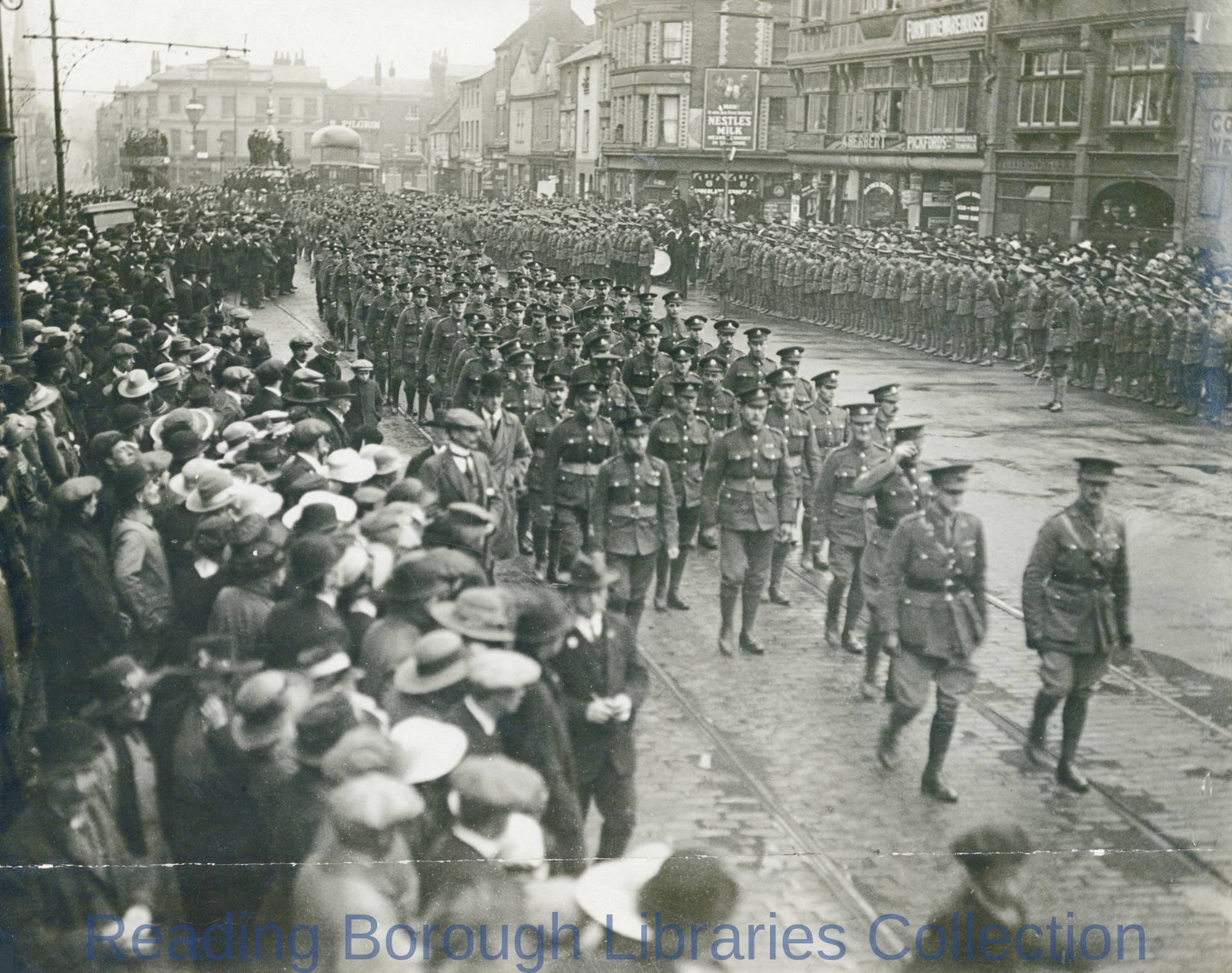 The First Battalion, the Royal Berkshire Regiment, in St. Mary's Butts, Reading, 14 April, 1919 The First Battalion, the Royal Berkshire Regiment, in St. Mary's Butts, Reading, 14 April, 1919