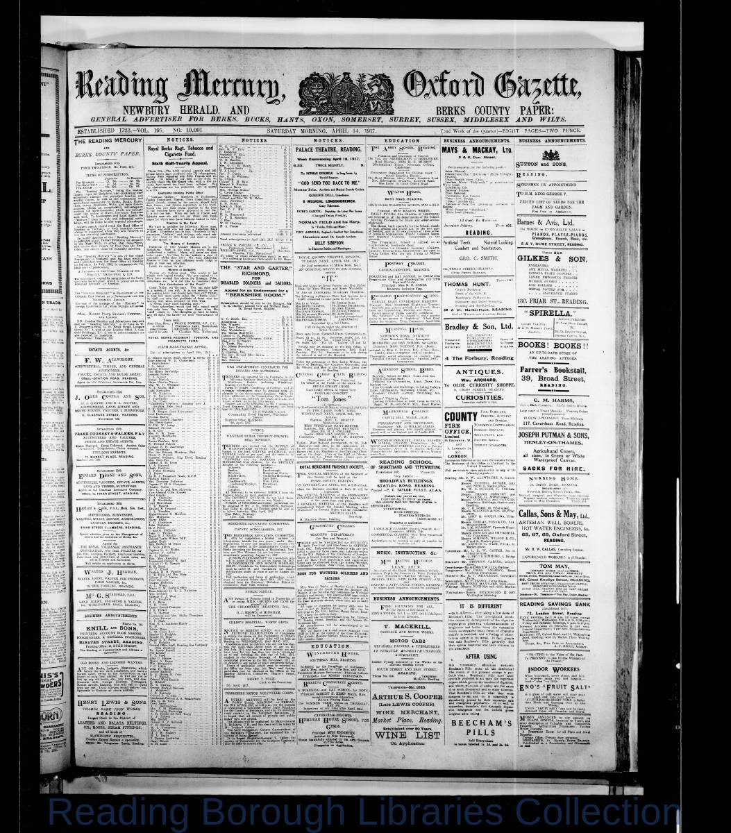 Reading Mercury Oxford Gazette Saturday, April 14, 1917. Pg 1 Reading Mercury Oxford Gazette Saturday, April 14, 1917. Pg 1