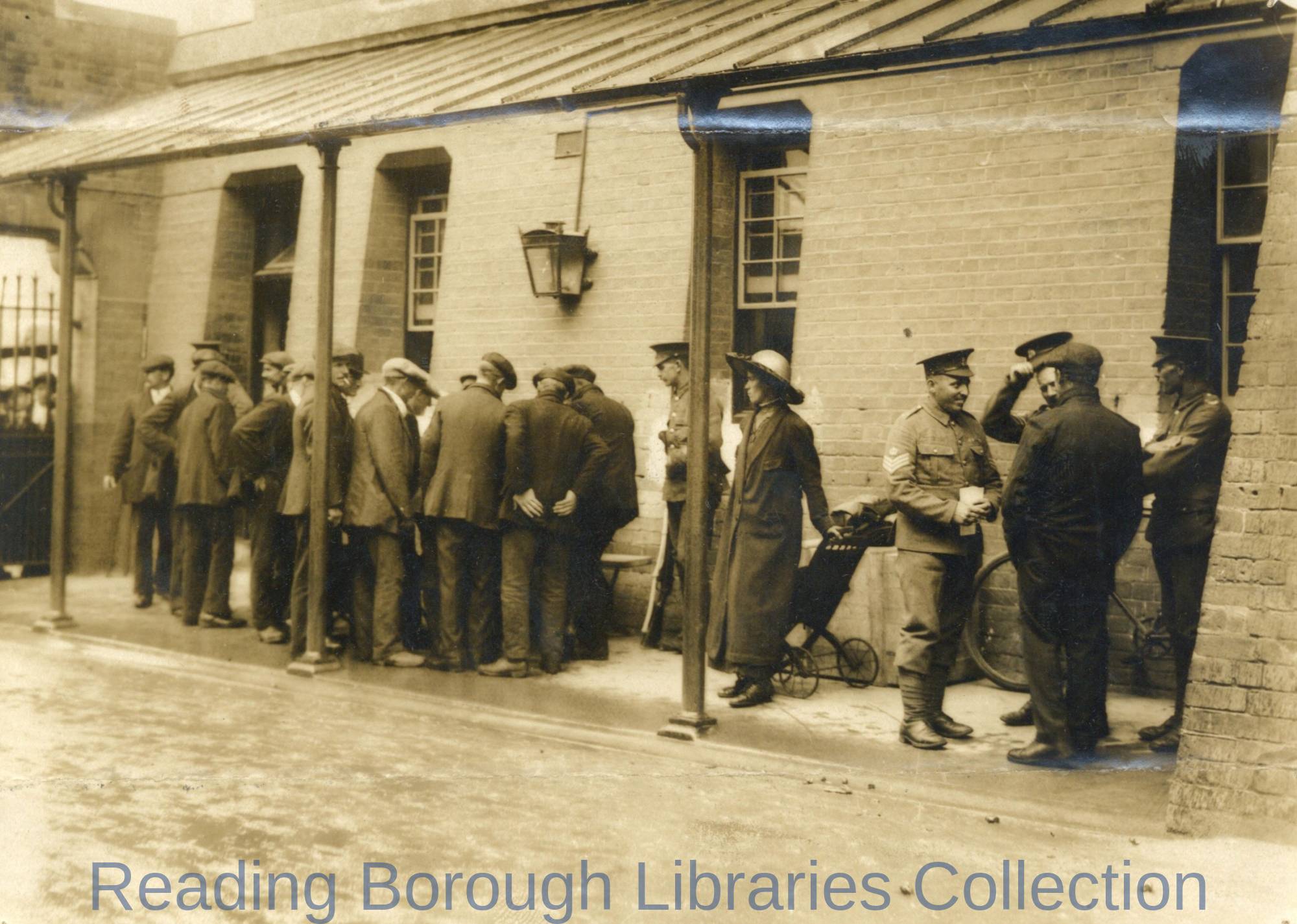 Reservists, Royal Berkshire Regiment, Reporting for Duty, Brock Barracks, Reading, August 1914. Reservists, Royal Berkshire Regiment, Reporting for Duty, Brock Barracks, Reading, August 1914.