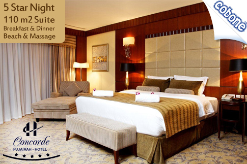 Enjoy a 1 night stay in a suite with breakfast, beach access, 1 hour massage and a seafood dinner at Concorde Fujairah Hotel for USD 242 (Value USD 485) – It sleeps 4 people!