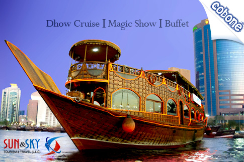 Adults, enjoy a 2-hour dhow cruise with a magic show, a live DJ and international buffet from Sun and Sky Floating Restaurant LLC for AED 89 (Value AED 220) – Red carpet welcome included!