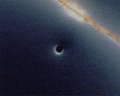 Animation of gravitational lensing from a simulated black hole passing in front of a galaxy Animation of gravitational lensing from a simulated black hole passing in front of a galaxy