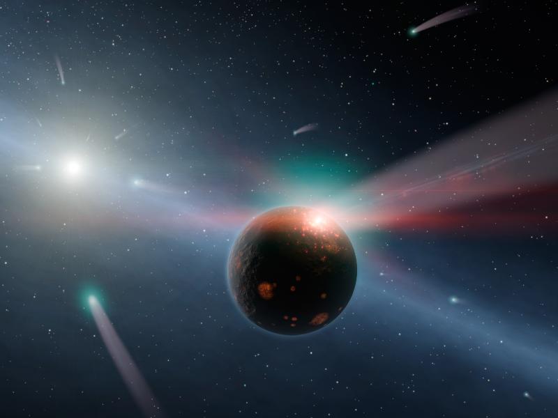 This artist's conception illustrates a storm of comets around a star near our own, called Eta Corvi. Image credit: NASA/JPL-Caltech This artist's conception illustrates a storm of comets around a star near our own, called Eta Corvi. Image credit: NASA/JPL-Caltech