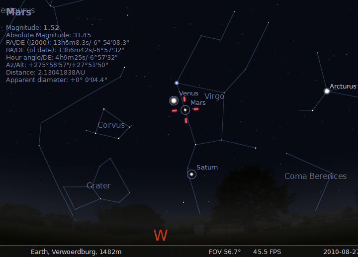 Venus, Mars, Saturn and Mercury on 17 August 2010 -- generated by Stellarium 10.5 Venus, Mars, Saturn and Mercury on 17 August 2010 -- generated by Stellarium 10.5