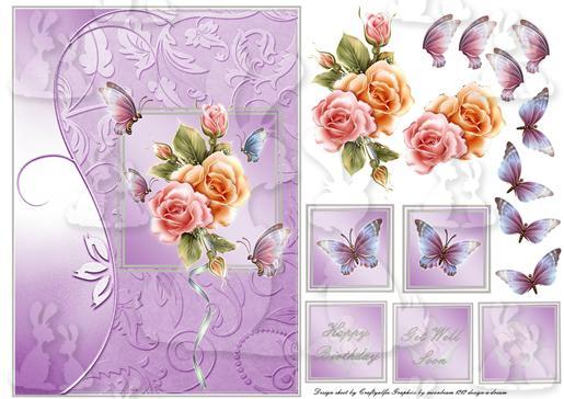 Lilac card front with roses and flutters