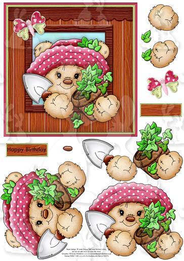 BEAR IN POTTING SHED Topper & Decoupage