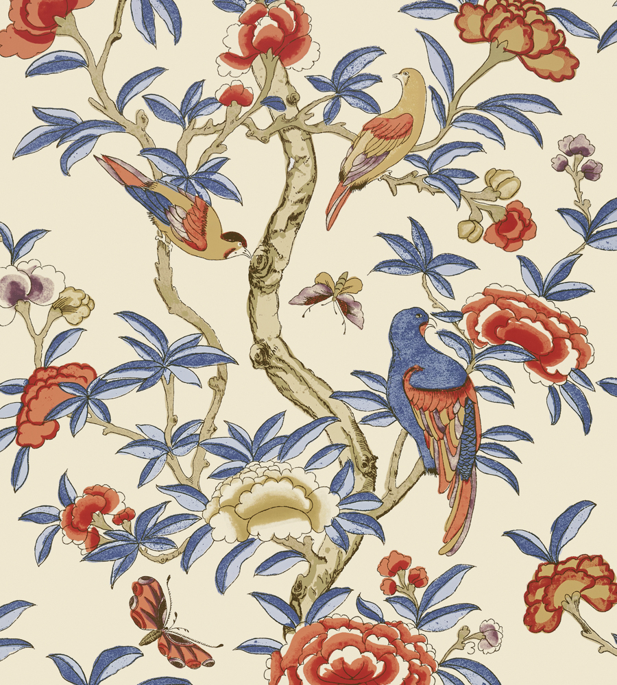 Giselle Blue/Coral wallpaper Imperial Garden Thibaut