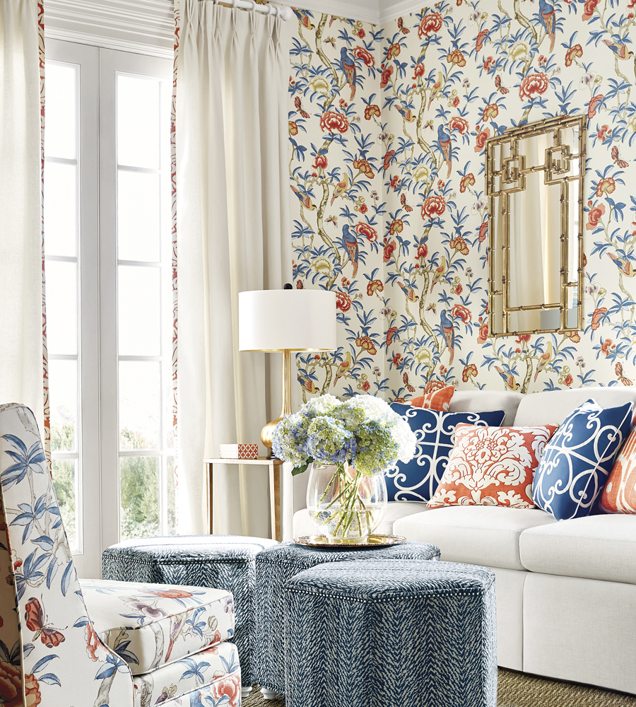 Giselle Blue/Coral wallpaper Imperial Garden Thibaut