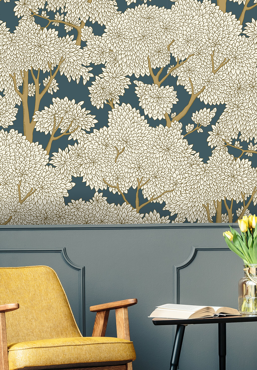 Stockend Woods Navy and Ochre wallpaper Josephine Munsey Wallpaper