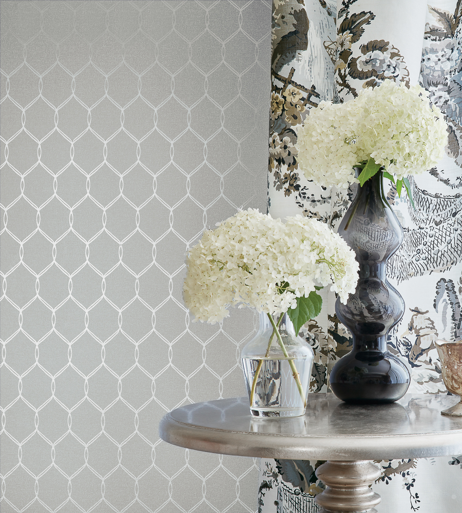 Leland Trellis Grey/Metallic Silver wallpaper Small Scale Anna French