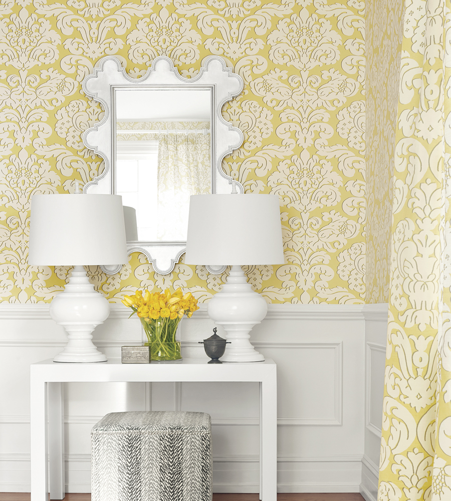 Trelawny Damask Yellow wallpaper Imperial Garden Thibaut