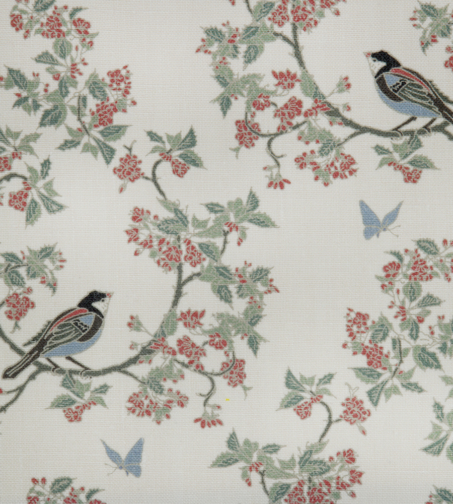 Bird in Blossom Ivory Linen fabric Emily Burningham Fabrics