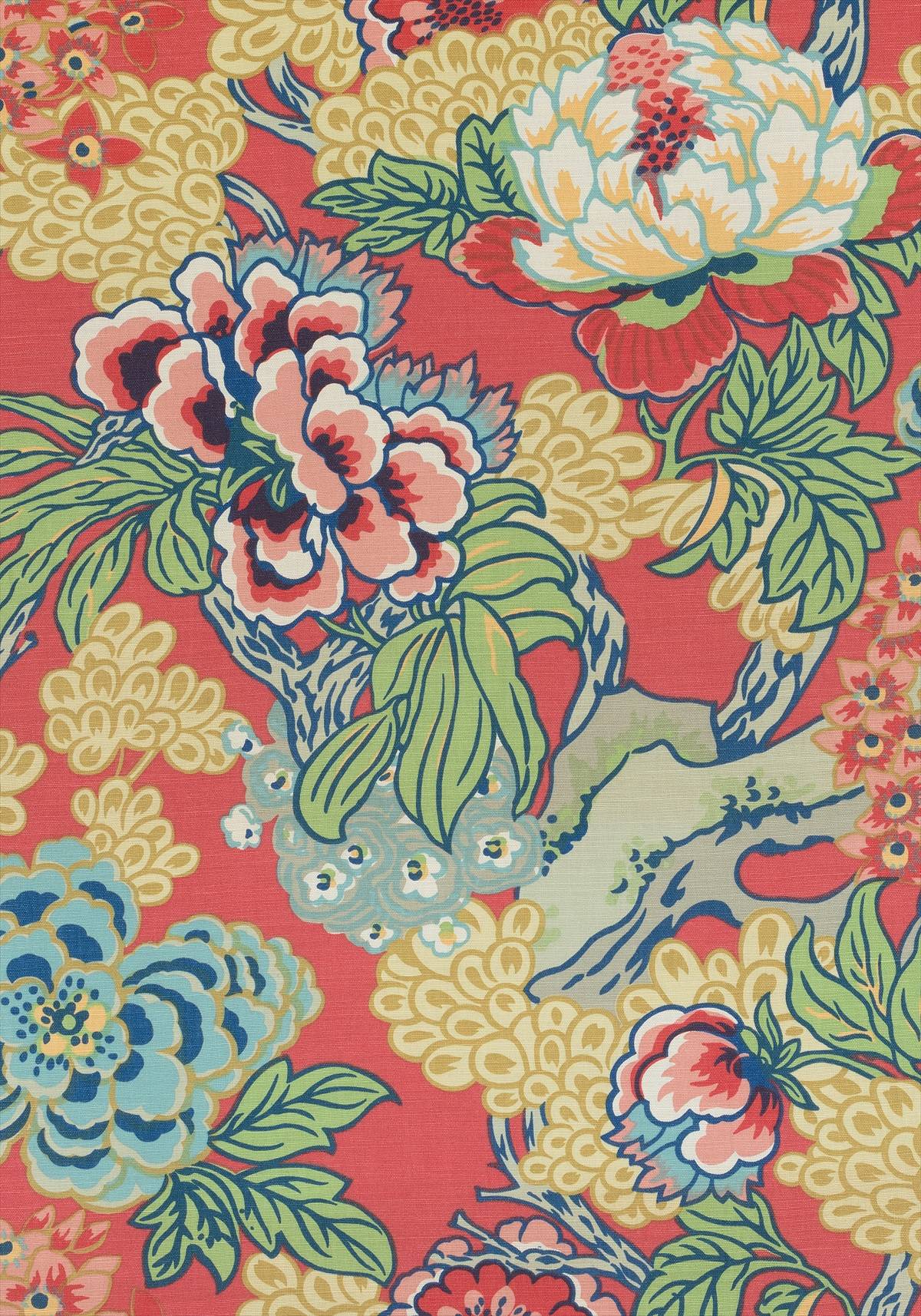 Honshu Coral/Green fabric Dynasty Thibaut