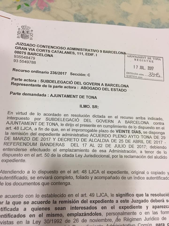 Requeriment que ha rebut aquest dimarts l'Ajuntament de Tona