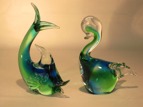 Antique Murano Duck & Fish Cased Green & Blue Murano Duck & Fish Cased Green & Blue