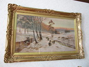 Oil painting of sheep in a sno