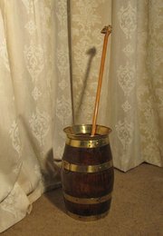 antique furniture a brass and oak stick stand A Brass and Oak Stick Stand