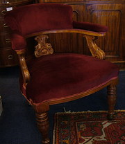 Antique oak and Red Velvet Tub Chair C1890-1900