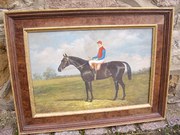 OIL OF JOCKEY ON HORSEBACK IN
