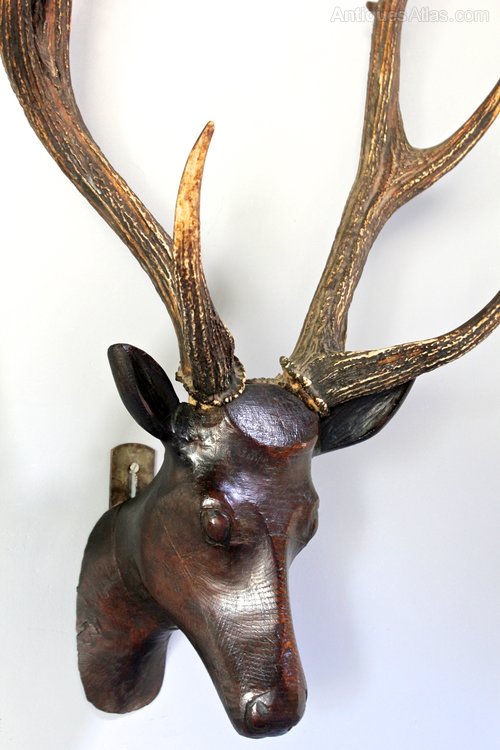 Antique Wood Carved Deer Head with Antlers.
