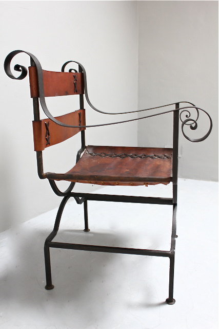 Vintage Iron and Leather Open Armchair