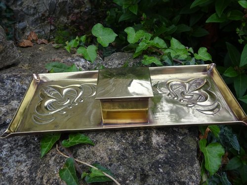 Art Nouveau brass tray with inkwell